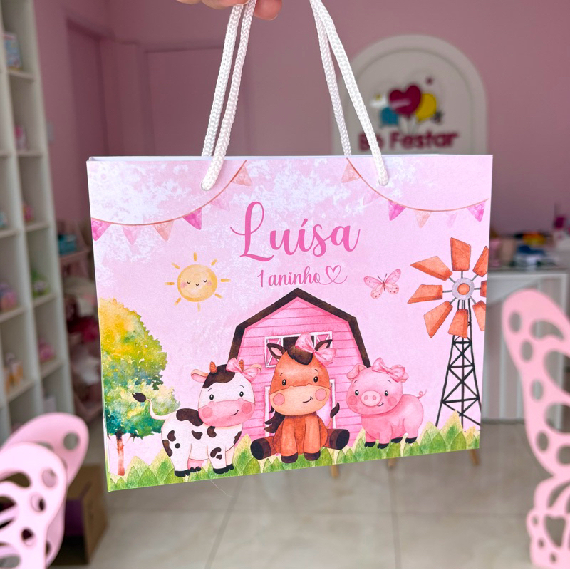 Sacolinha PEGUE E MONTE Personalizada Fazendinha Rosa | Lembrancinhas | Aniversário | Sacola Surpresa