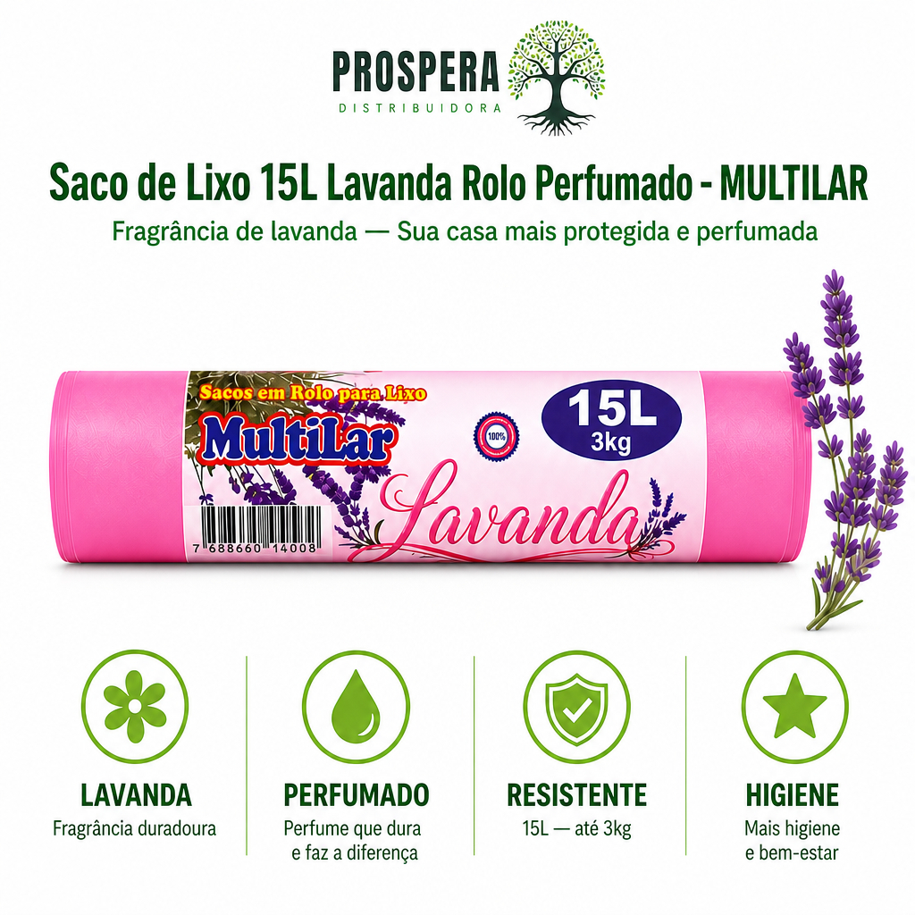 Sacos De Lixo 15Litros LAVANDA 39X58cm Rolo perfumado - MULTILAR - Kit com 60, 180, 300 sacos