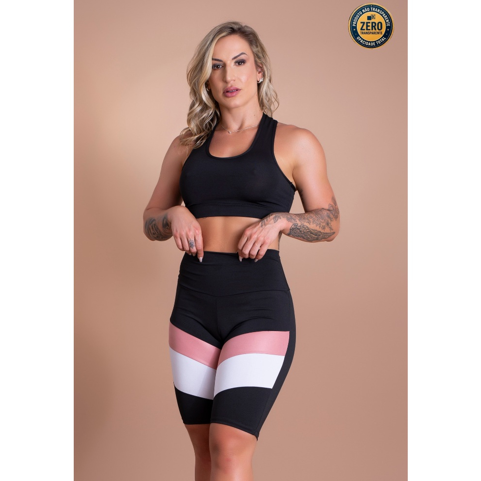 Conjunto Fitness Feminino Bermuda Lisa Cintura Alta E Top Nadador Básico Sustentação Academia Treino ZERO TRANSPARÊNCIA
