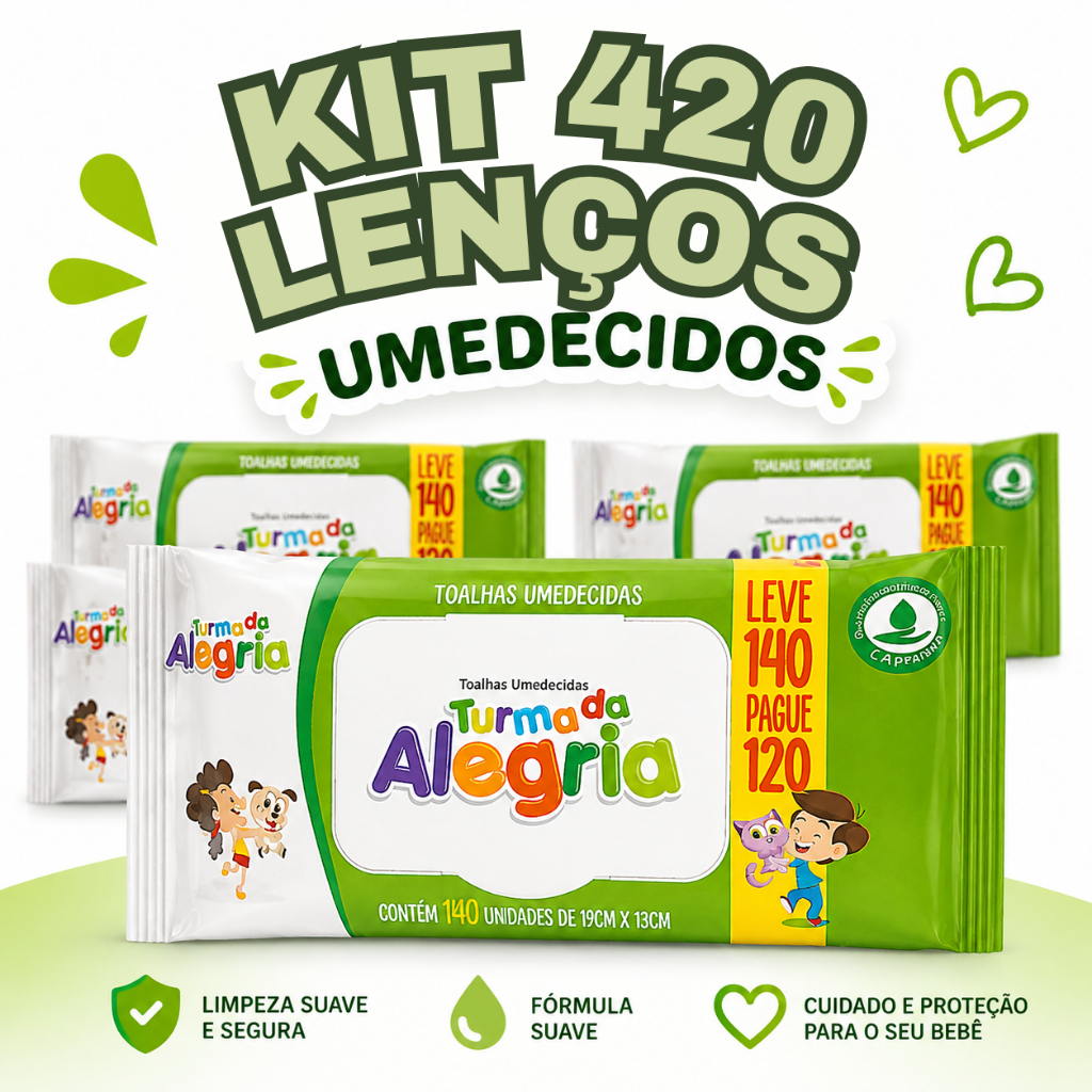 Kit 3 Pacotes Umedecido Turma da Alegria Pacotes c/ 140 Fohas Lenço Umedecido Bebê Higiene Infantil