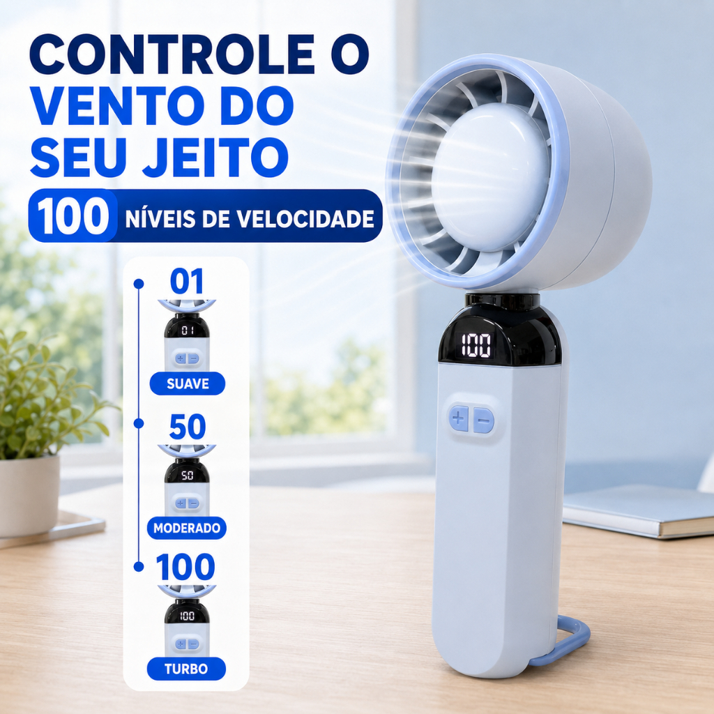 Mini Ventilador Portátil Turbo de Mão e Mesa Recarregável USB-C 100 Velocidades 1200mAh com Suporte