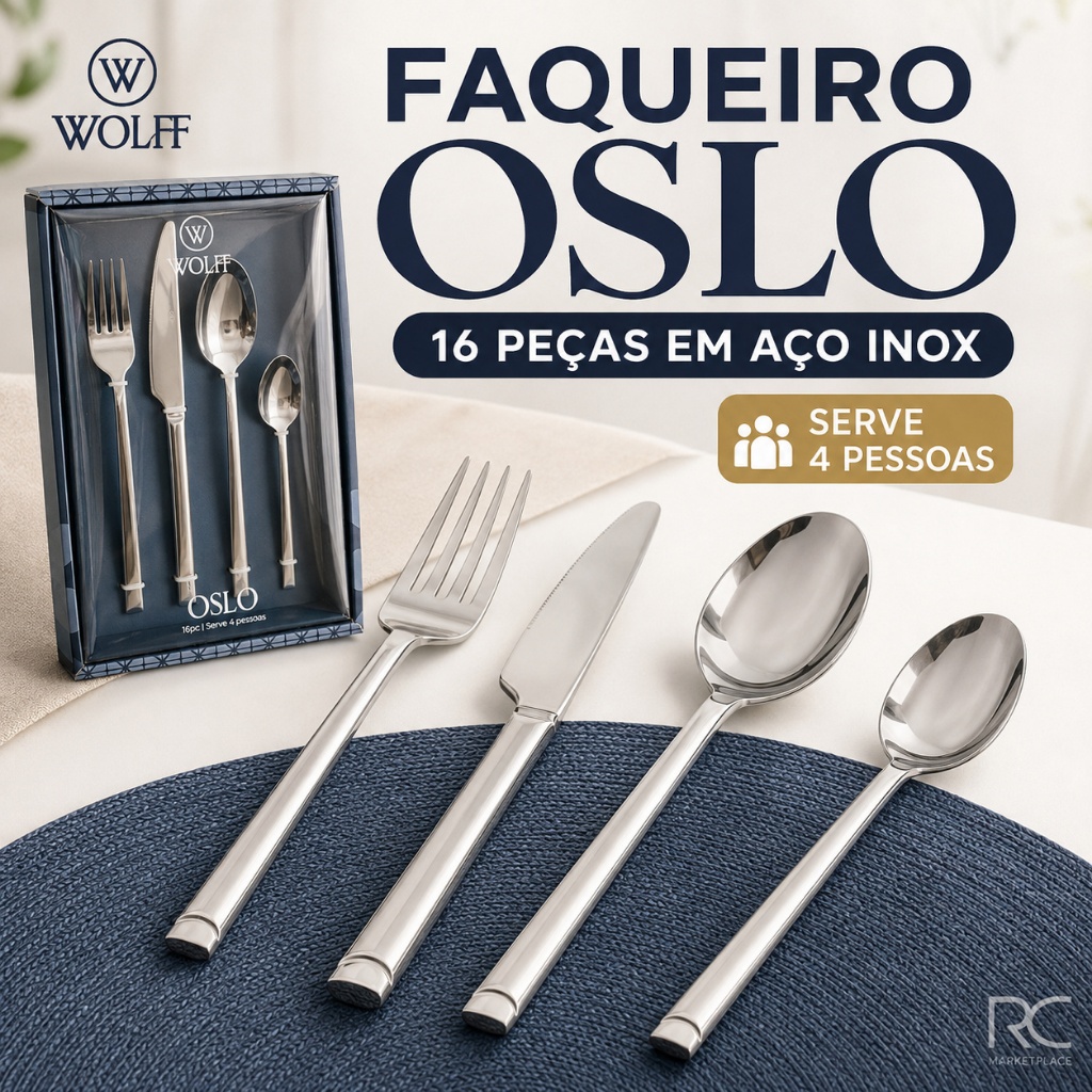 Faqueiro 16 Peças Oslo Aço Inox Wolff Jogo de Talheres 4 Pessoas Presente