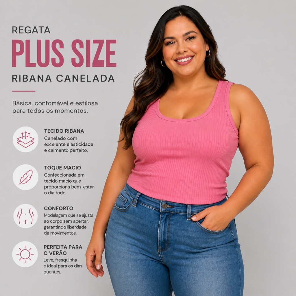 Regata Plus Size Feminina Ribana Canelada Básica Confortável Estilosa Dia a Dia Verão 25722-C1