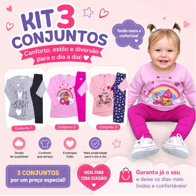 Kit com 3 Conjuntos de Menina Inverno TAMANHO 1 ANO