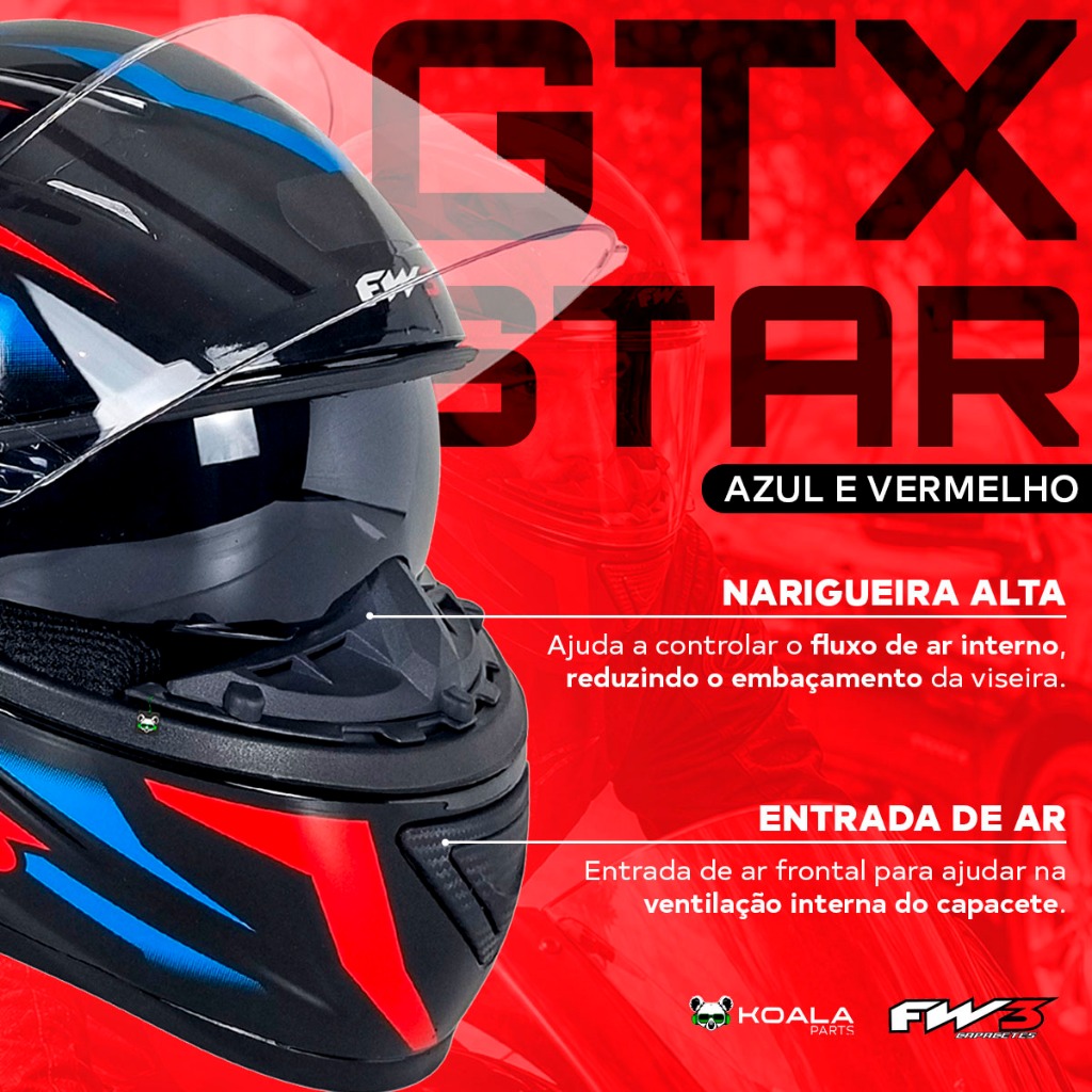 Capacete Moto GTX Star Azul e Vermelho Óculos Interno + Viseira FW3 — imagem 2 de 2