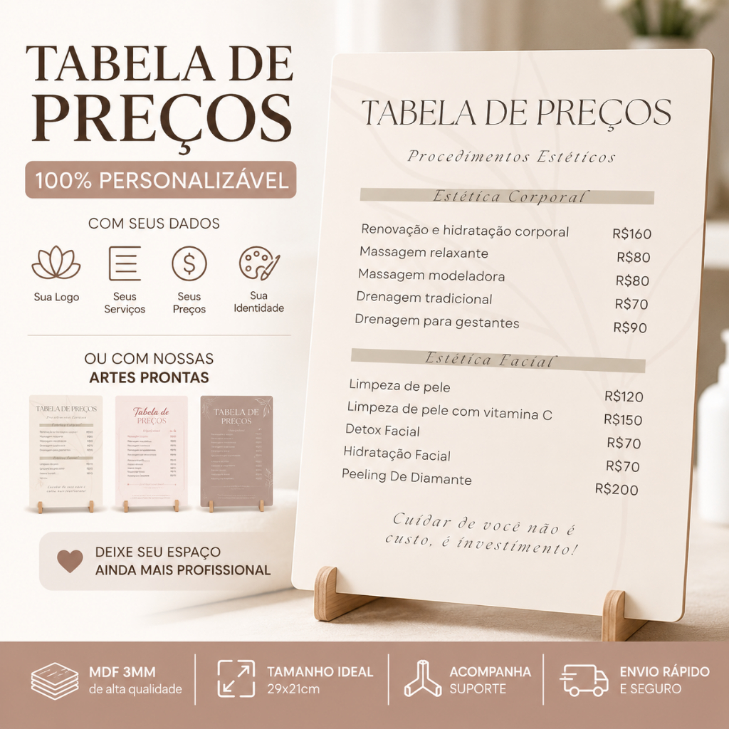 Tabela de Preços Personalizada Esteticista 29x21 MDF | Valores e Procedimentos do Seu Espaço