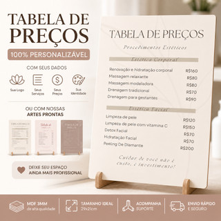 Tabela de Preços Personalizada Esteticista 29x21 MDF | Valores e Procedimentos do Seu Espaço