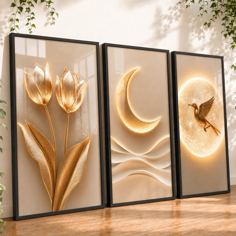 Quadros Decorativos Lua Trio Dourado Tulipas Ave Moderno Delicado Sala