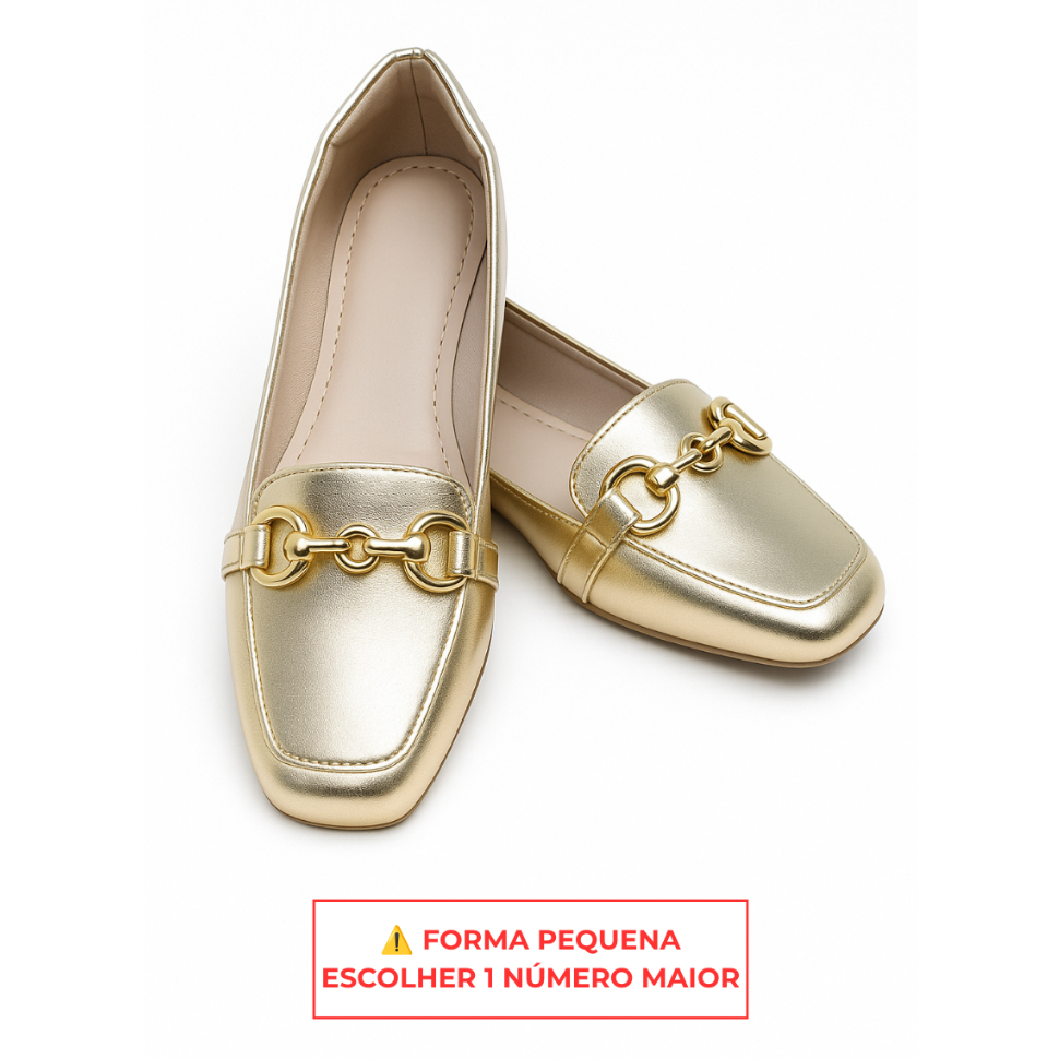 Sapatilha Feminina Mocassim Fivela Dourada Bico Quadrado Confortável Casual Elegante