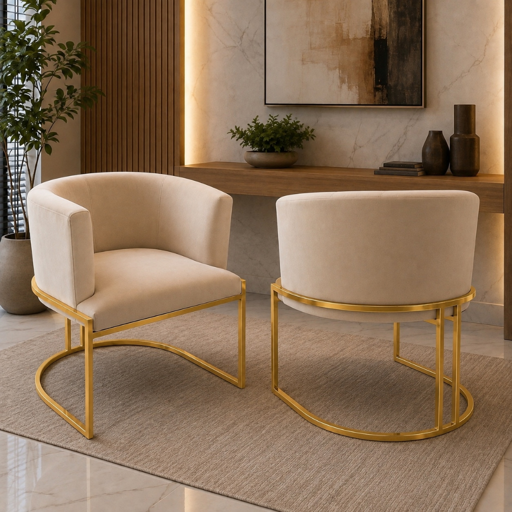 Kit 2 Poltronas De Base Cadeira Ferro Dourada  Estrutura Meia Lua Tecido Veludo Para Salão Consultório Luxousa Luxo