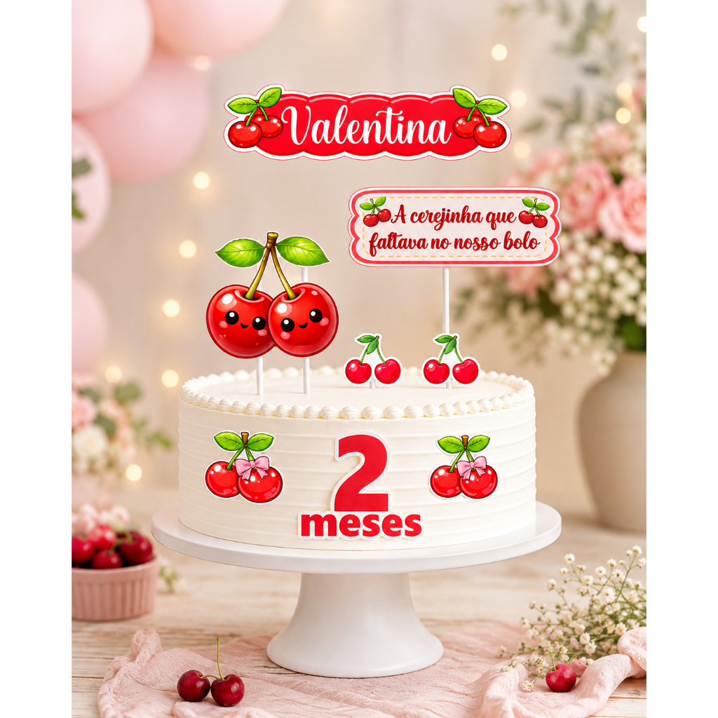 🍒 Topo de Bolo Cerejinha Personalizado – Mesversário / Aniversário / Kit Festa Cerejinha