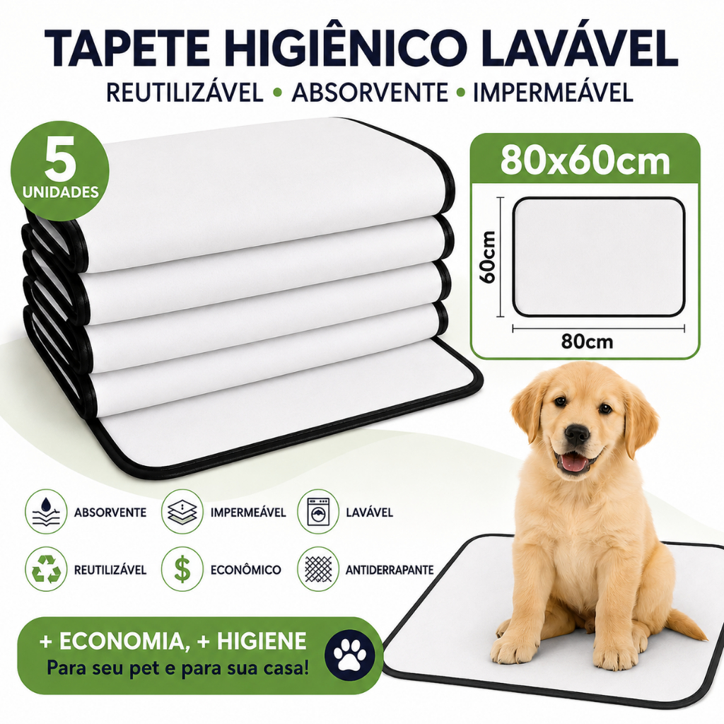 Kit 5 Tapetes Higiênicos Laváveis 80x60cm Branco para Cães | Reutilizável