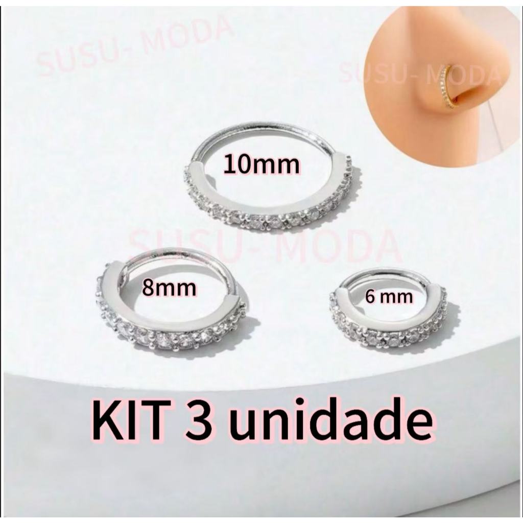 Argola de Piercing para Nariz com Zircônia Cúbica, Disponível em Diversos Tamanhos e Cores prata 6-8-10 tamanho