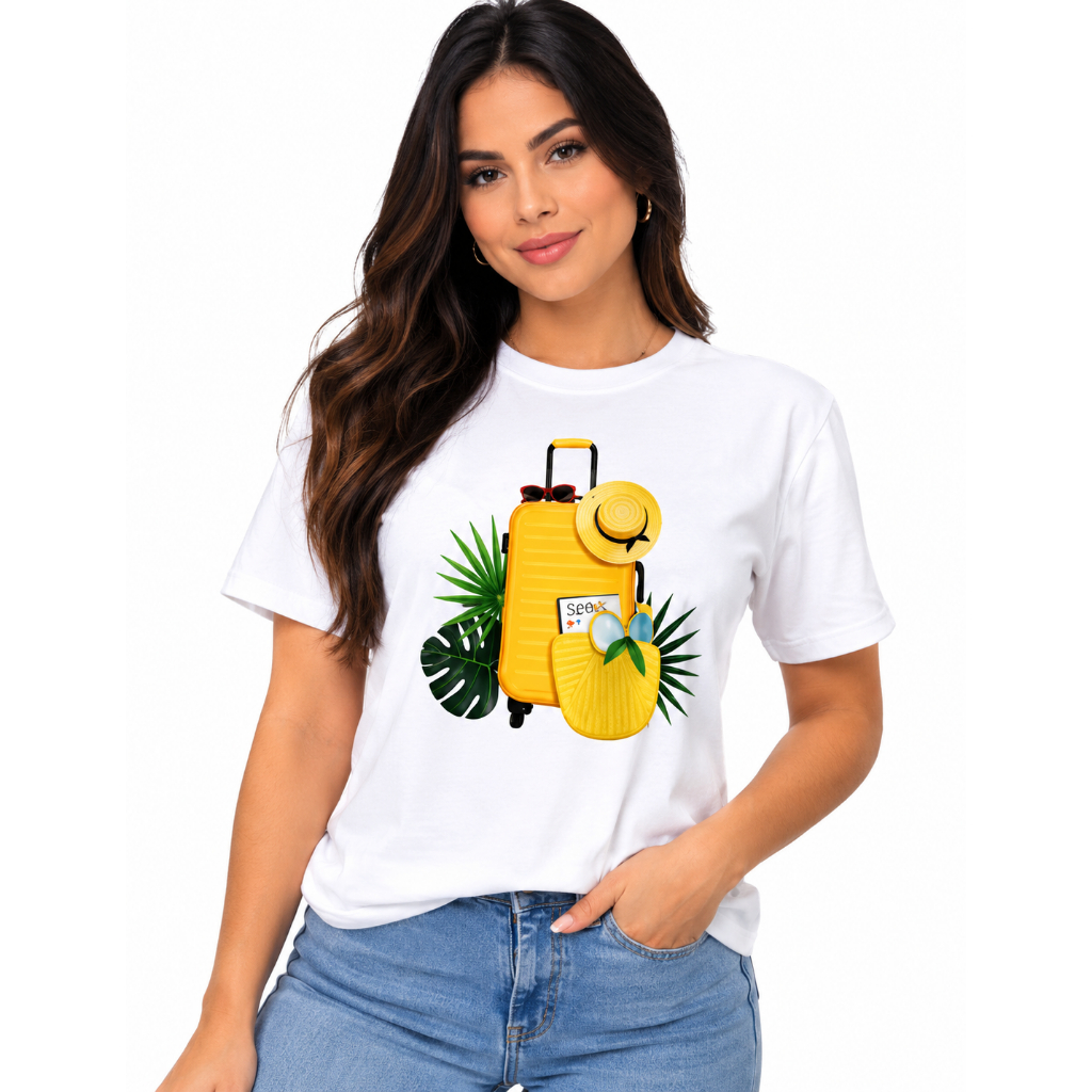 Camiseta Feminina Estampada Viagem Tropical – Confortável, Casual e Estilosa