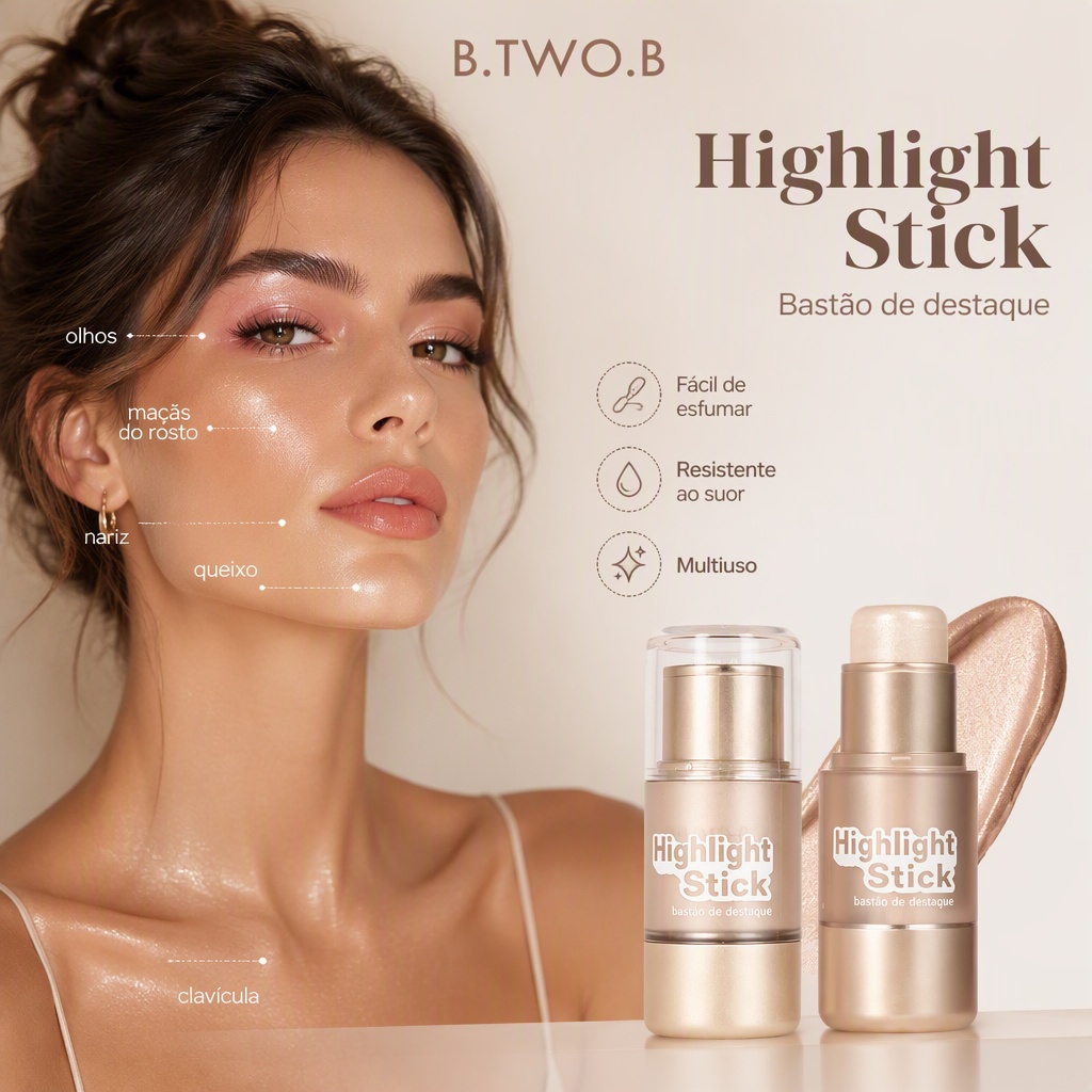 B.TWO.B Bastão de Destaque Highlighter Stick Iluminador Facial Cremoso Fácil de Esfumar Multiuso