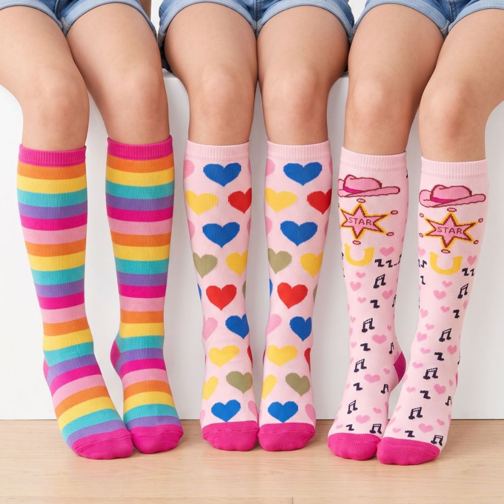 Kit 3 Pares Meia Infantil Menina Galochita 3/4 Cano Alto Colorida Macia Confortável Escolar Dia a Dia