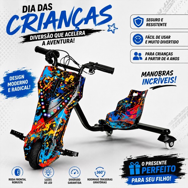 Triciclo Elétrico Infantil Drift com Som Bluetooth MP3 De Alta Potência Três Velocidades Ajustáveis