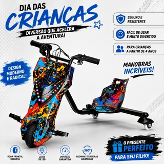 Triciclo Elétrico Infantil Drift com Som Bluetooth MP3 De Alta Potência Três Velocidades Ajustáveis