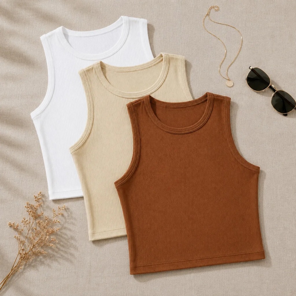 Kit 3 Cropped Feminino Canelado Regata Básico Gola Redonda Casual Tecido Confortável Premium