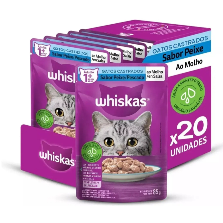 20 unidades Ração Whiskas Gatos Castrado Peixe Sachê 85g