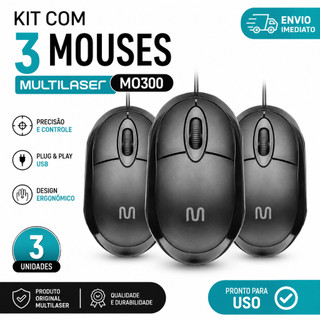 Kit 3 Mouse Com Fio Multi MF100 USB Óptico 1000 DPI Plug & Play Original Óptico Simples Básico Multilaser Valor Atacado