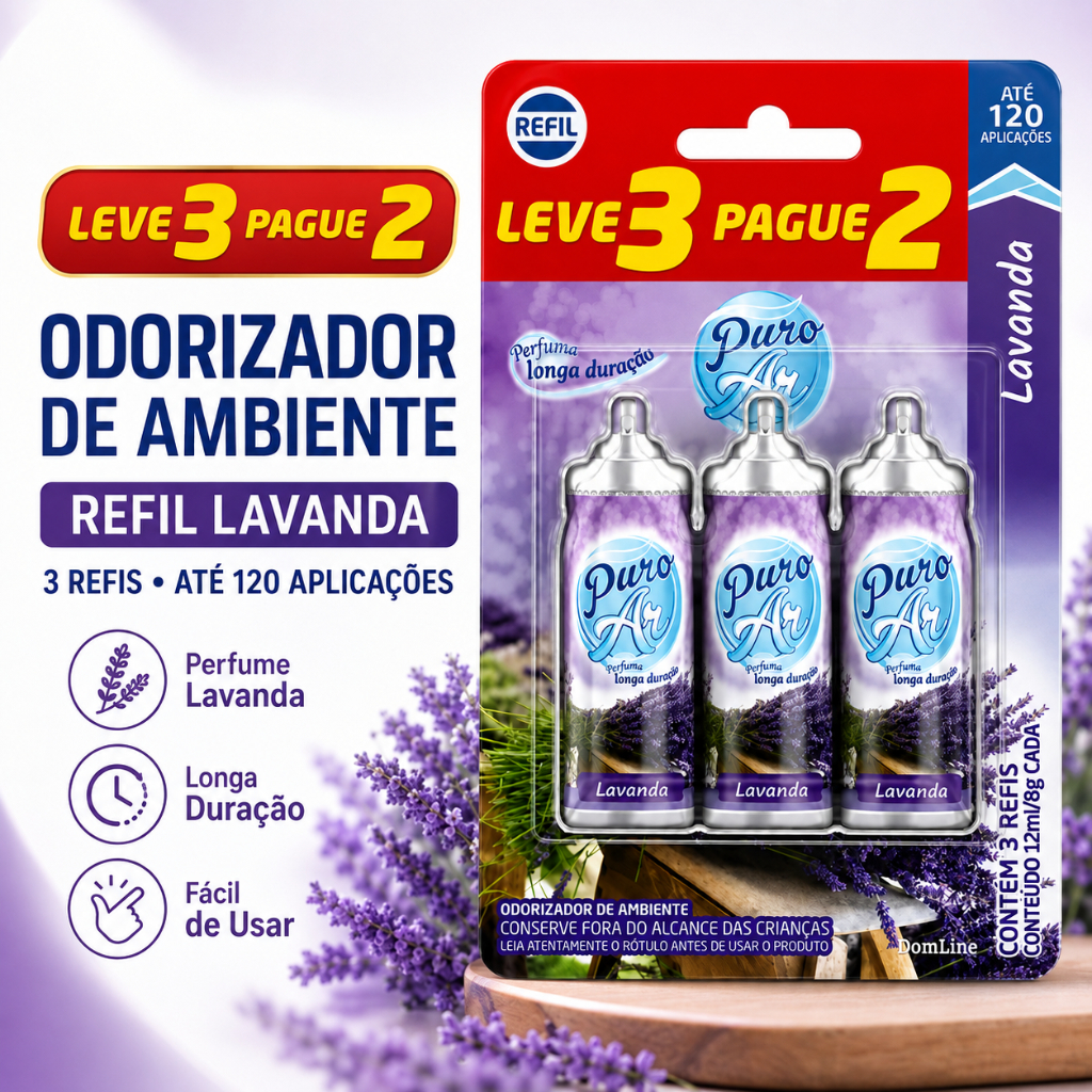 Kit 3 Refil Aromatizador Lavanda Dom Line Puro Ar 12ml Leve 3 Pague 2 Casa Banheiro