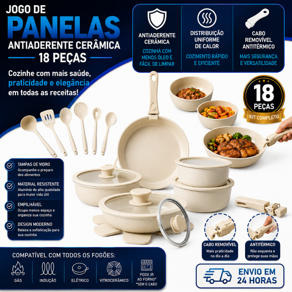 Jogo De Panelas Antiaderente Cerâmica 18 Peças com Cabo Removível Para Forno Indução Gás Elétrico e Vitrocerâmico