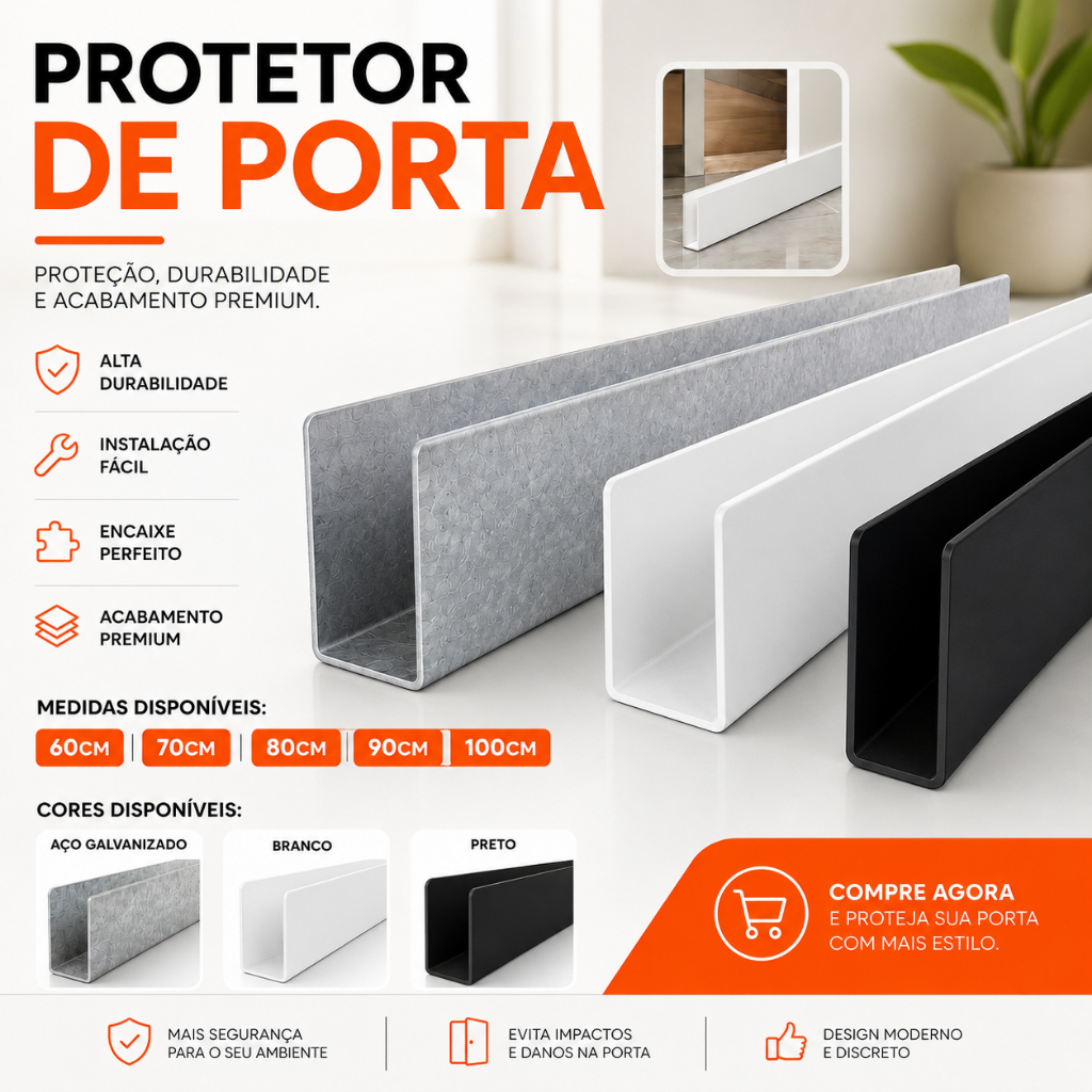 Protetor de Porta Salva Porta Banheiro Cozinha 3,5cm x 8cm Branco Preto Galvanizado Encaixe Sem Furo