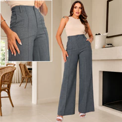 Calça Pantalona Linho Feminina Social Cintura Alta