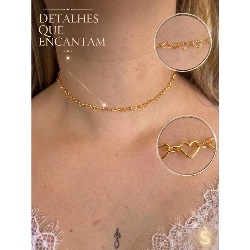 Colar Choker Elos de Coração Dourado Delicado em Aço Inoxidável Não Enferruja