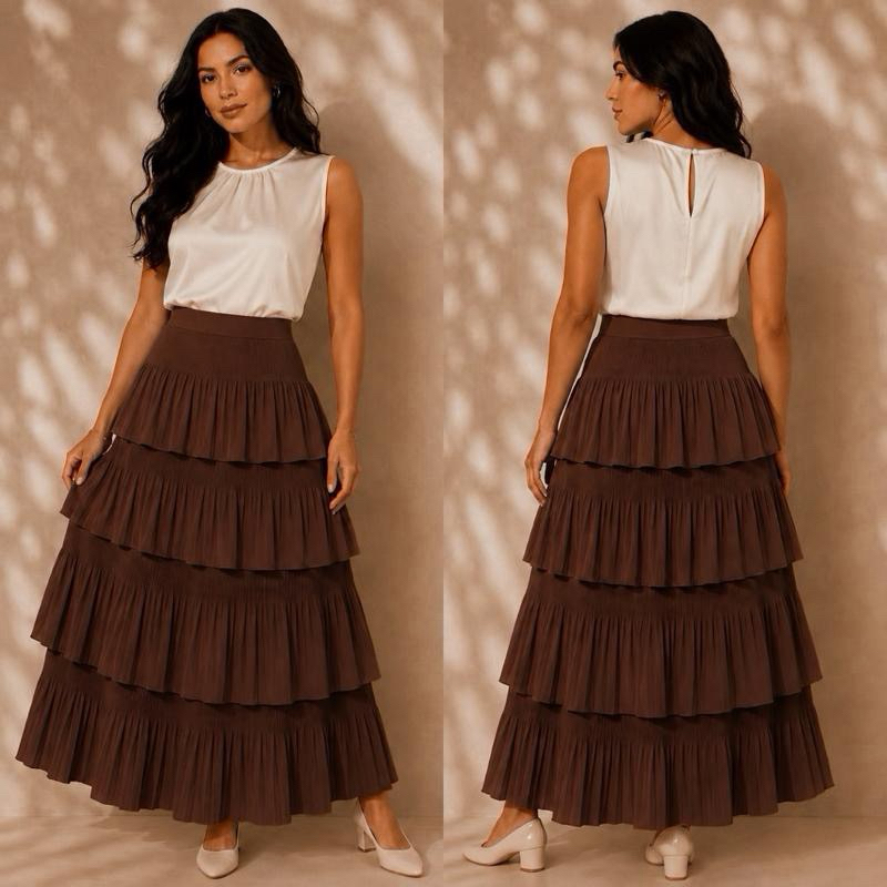 Saia 4 Camadas Plissada Lisa Moda Feminino Religiosa