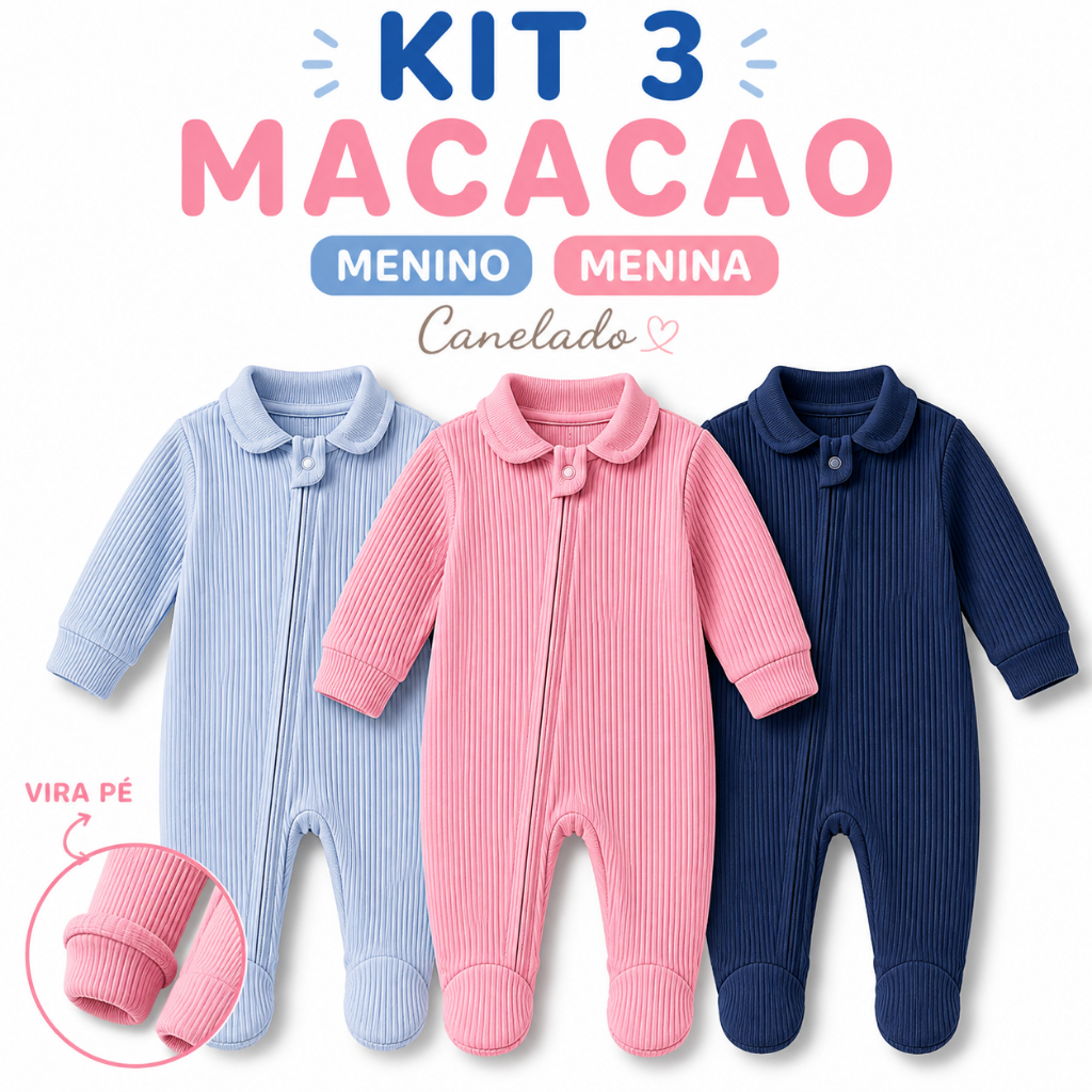 Kit 3 Macacão Manga Longa Canelado Para Bebê Com Zíper Tecido 100% Algodão RN P M G