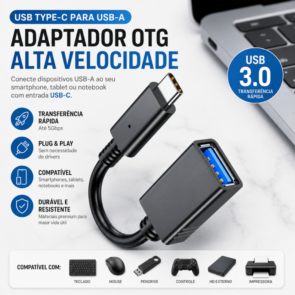 Cabo Adaptador OTG USB Para Tipo C Mouse Teclado Pendrive 3.0 - Escolha Seu Kit
