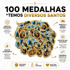 Kit 100 Medalhas Católicas Resinadas Douradas – Atacado Santos Sortidos para Terço, Escapulário, Lembrancinha e Revenda
