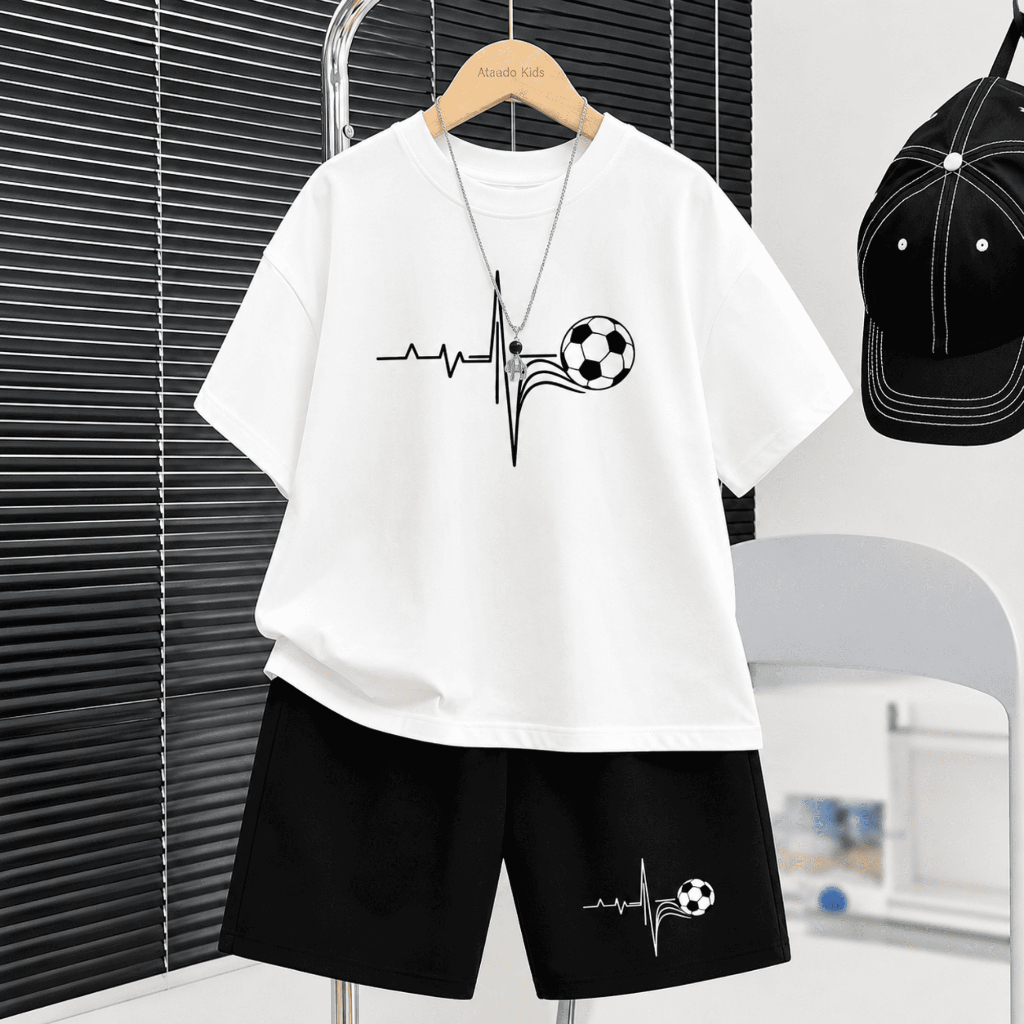 Conjunto Juvenil Infantil Masculino Verão Casual Camiseta Manga Curta com Estampa Coração Futebol, Camiseta e Shorts