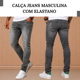 Calça Masculina Jeans Slim Fit Cinza Destroyed e Puido Estilo Casual Moda 2026