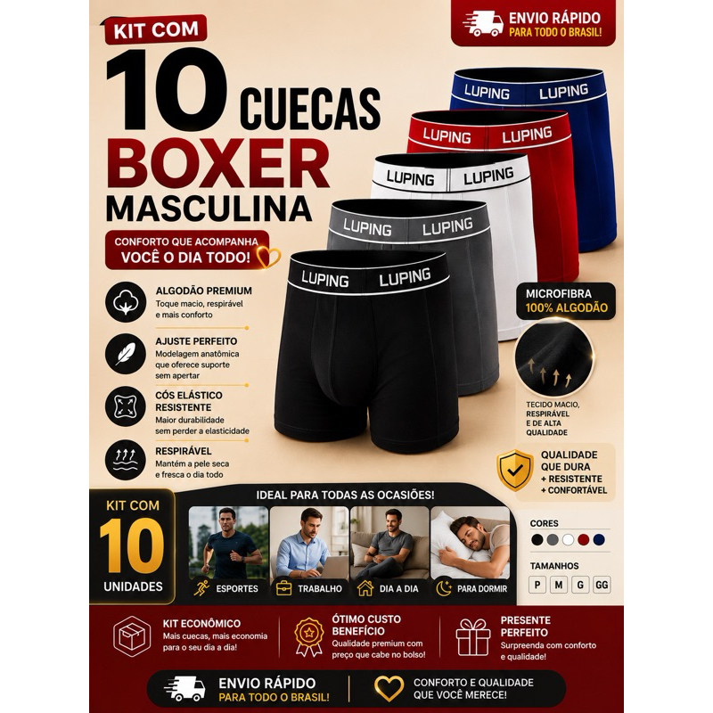 Kit Com 5 ou 10 Cuecas Masculina Boxer Adulto Microfibra Forro 100% Algodão
