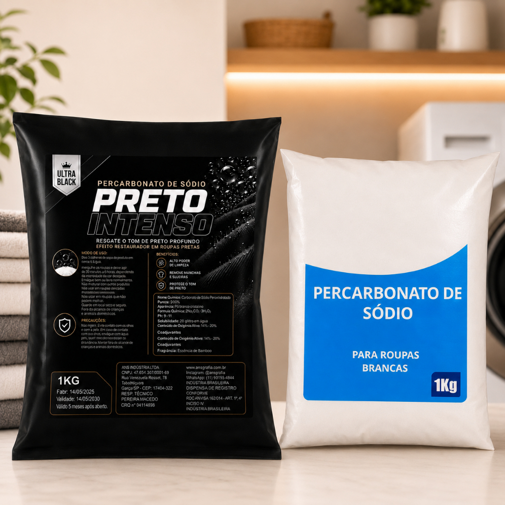 Kit Percarbonato de Sódio 1kg + Preto Intenso 1kg Tira Manchas Roupas Brancas Pretas Coloridas