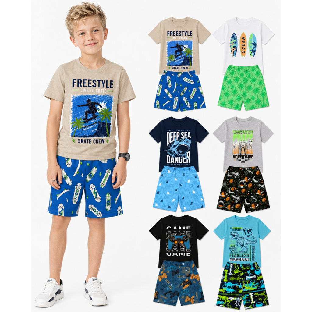 Kit Conjuntos Menino Camisetas + Bermudas Infantil - Conjunto Masculino Verao Calor 1 ao 14 Casual