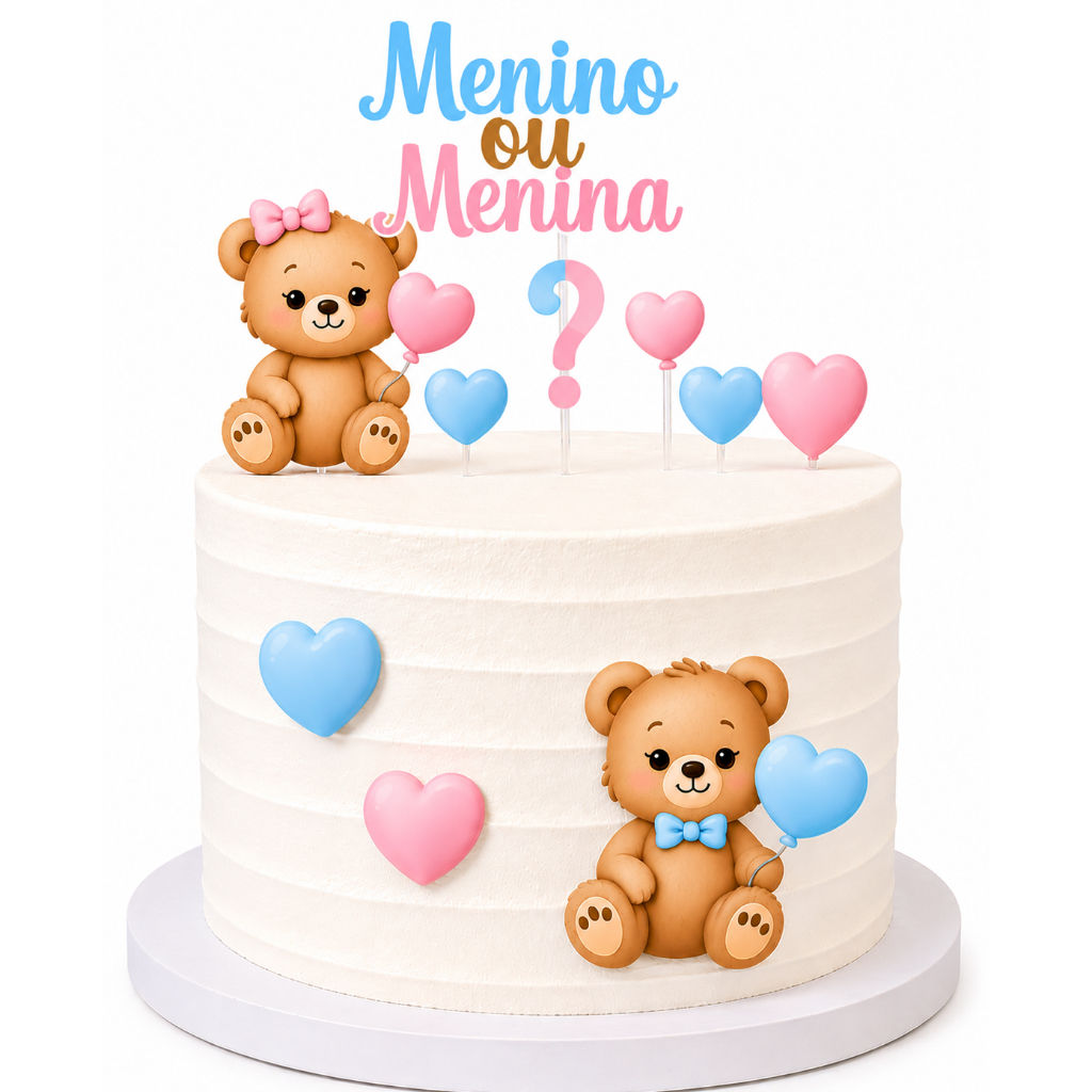 Topo de Bolo Chá Revelação Ursinho Menino ou Menina Rosa e Azul Decoração Festa