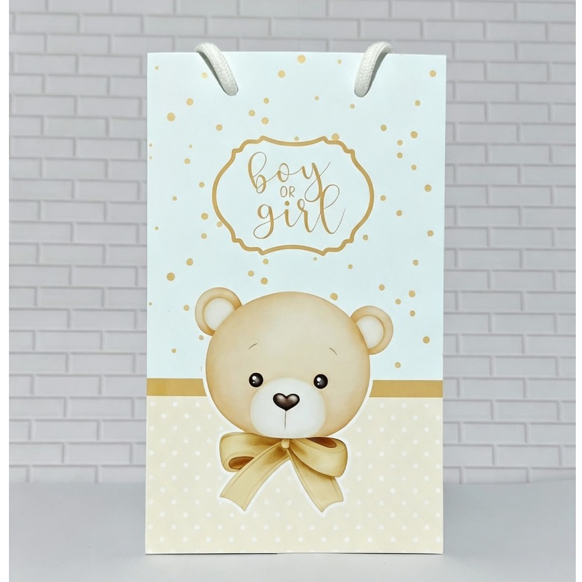 Cha Revelaçao - Sacolinha Personalizada/PEGUE e MONTE/Sacola/Cha Bebe/Neutro/Bege/Aniversario/Lembrancinha/Festa