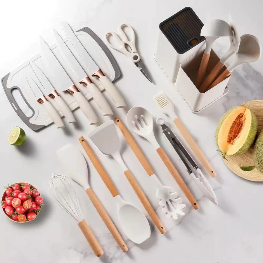 Kit de Cozinha 19 Peças com Utensílios de Silicone, Facas, Tábuas e Suporte Organizador Completo — imagem 2 de 2