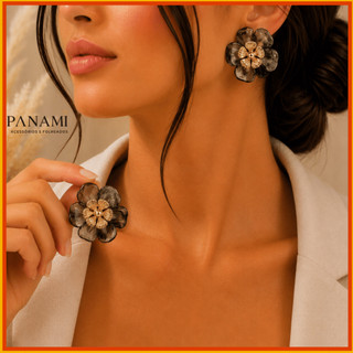 KIT 6 peças Maxi Brinco Feminino Flor preto Dourado Grande Floral Acessório Moderno Elegante Verão Praia