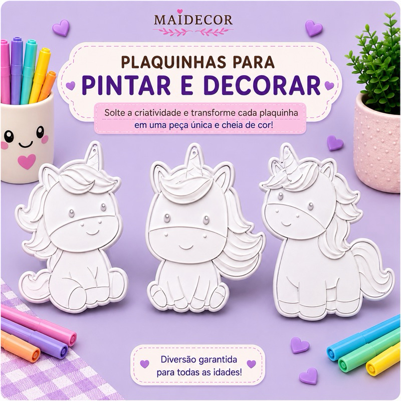 Kit 3 Plaquinhas Unicórnio 3D | Decoração Infantil para Quarto | Festa e Enfeite