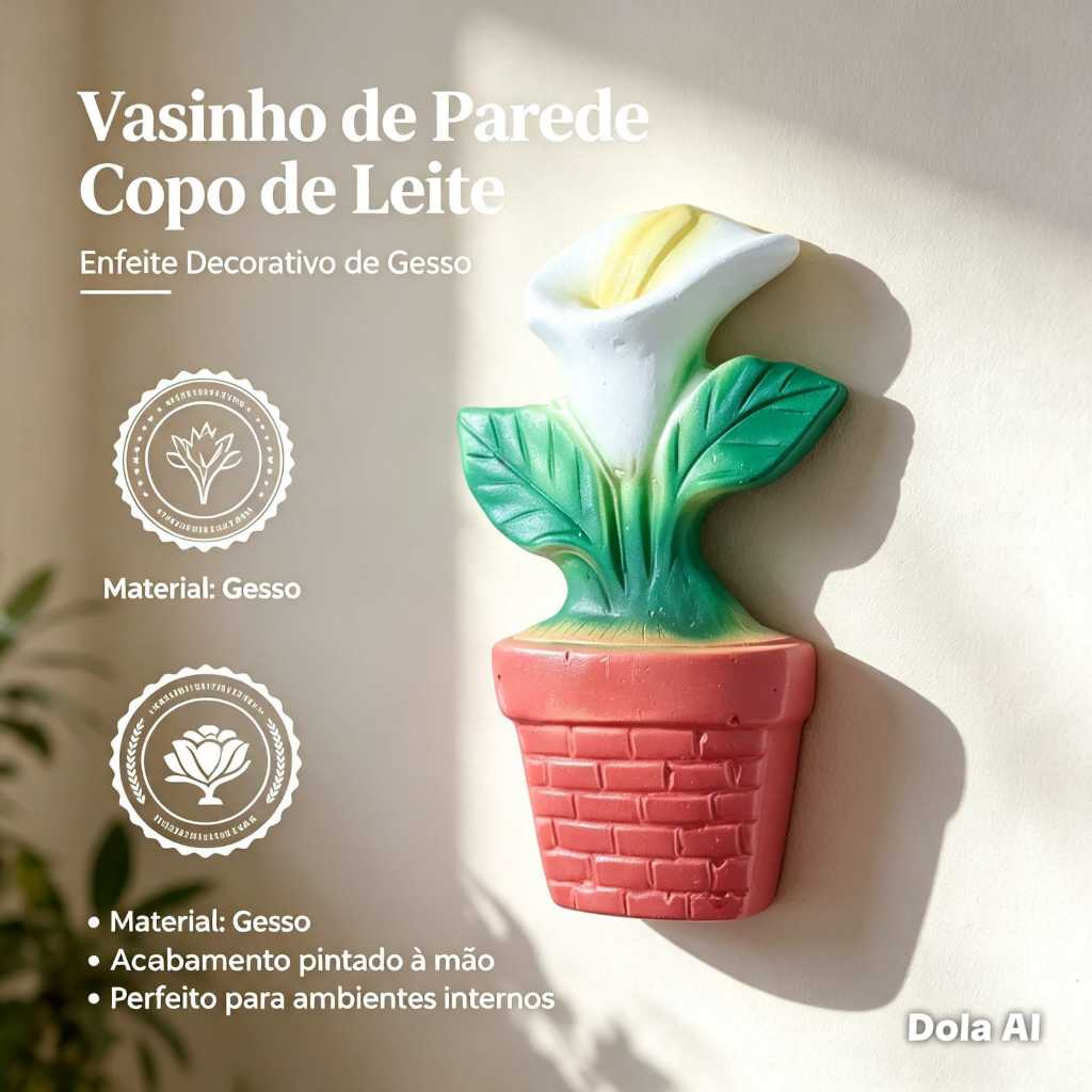 enfeite de parede vaso de flor copo de leite branco 20x9 cm gesso decoração de jardim
