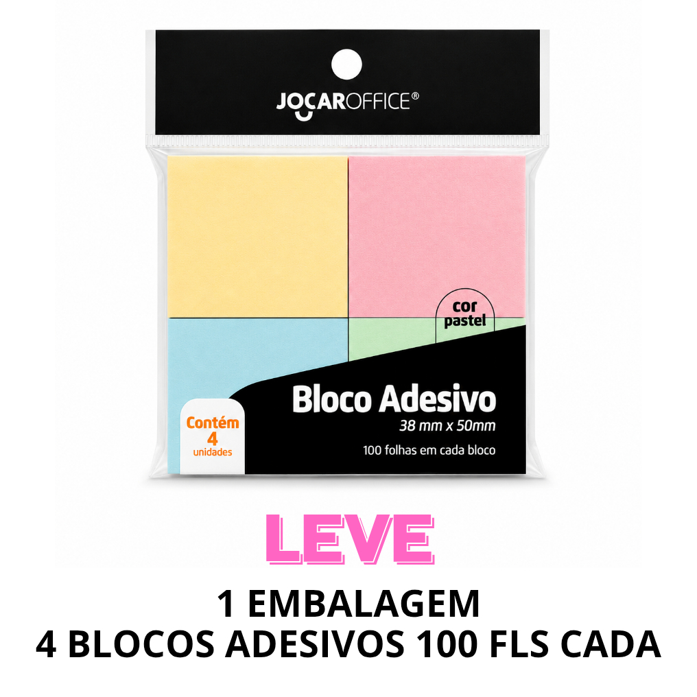 Bloco Adesivo Formato 38 x 50mm e 76 x 76mm Pastel e Neon Jocar Office Sticky Recados Organização