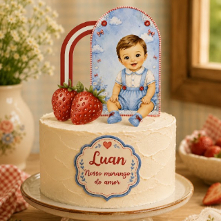 Topo de Bolo Personalizado Tema Moranguinho Menino / Bebê Morango / mesversário, aniversário