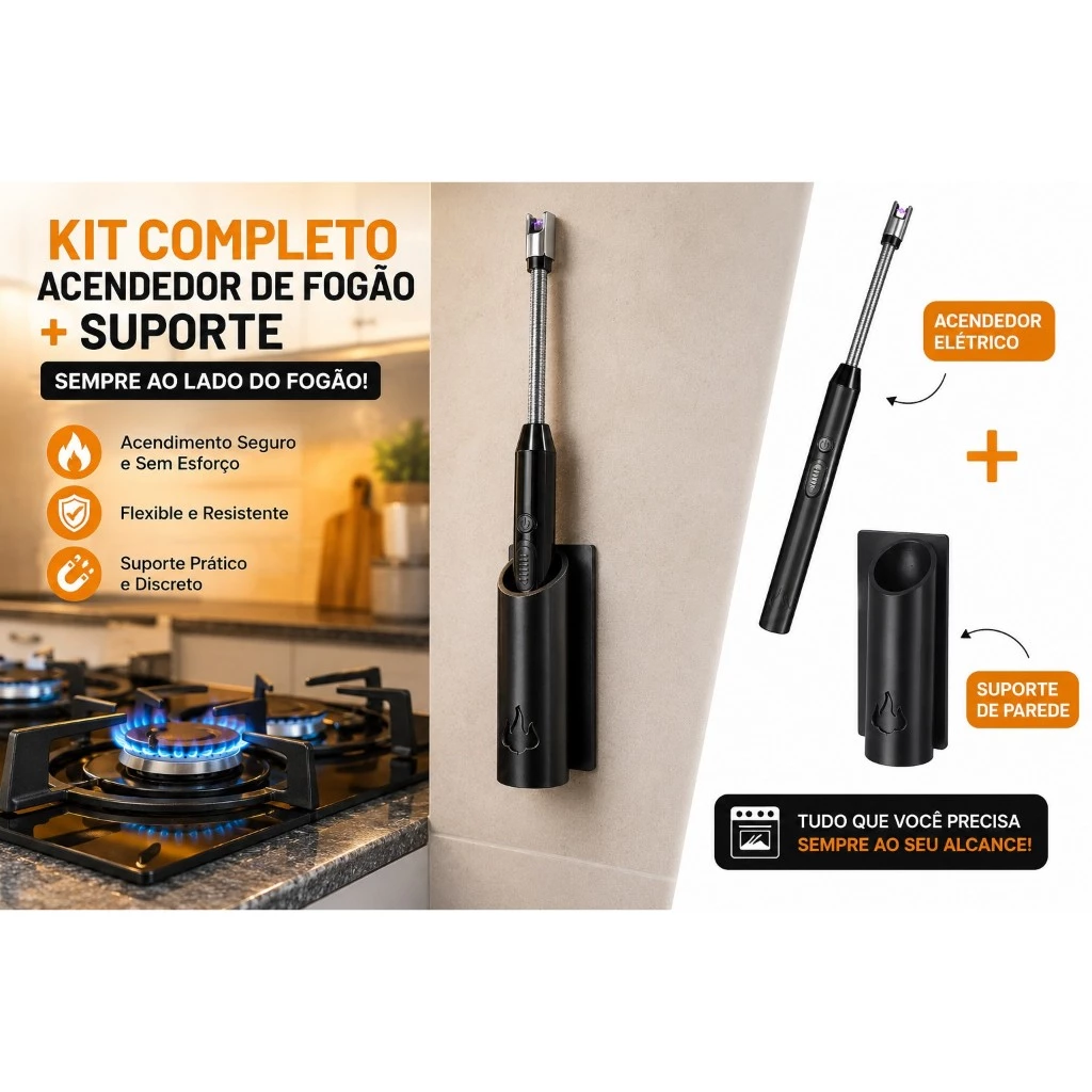 Kit Acendedor de Fogão Isqueiro Elétrico Plasma USB + Suporte para Churrasqueira, Velas e Camping