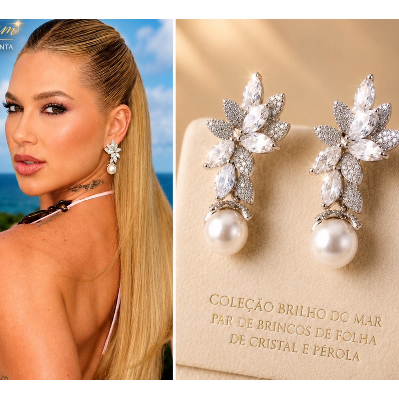 Brinco Feminino Luxo Pérola e Zircônia Brilhante Elegante Festa Casamento Madrinha noiva conjunto colar brinco