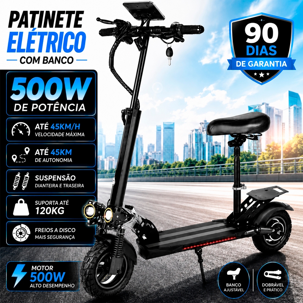 Patinete Elétrico Dobrável 500W 48V 10Ah Com Assento, Amortecimento Duplo, Velocidade 50km/h, Autonomia até 50km